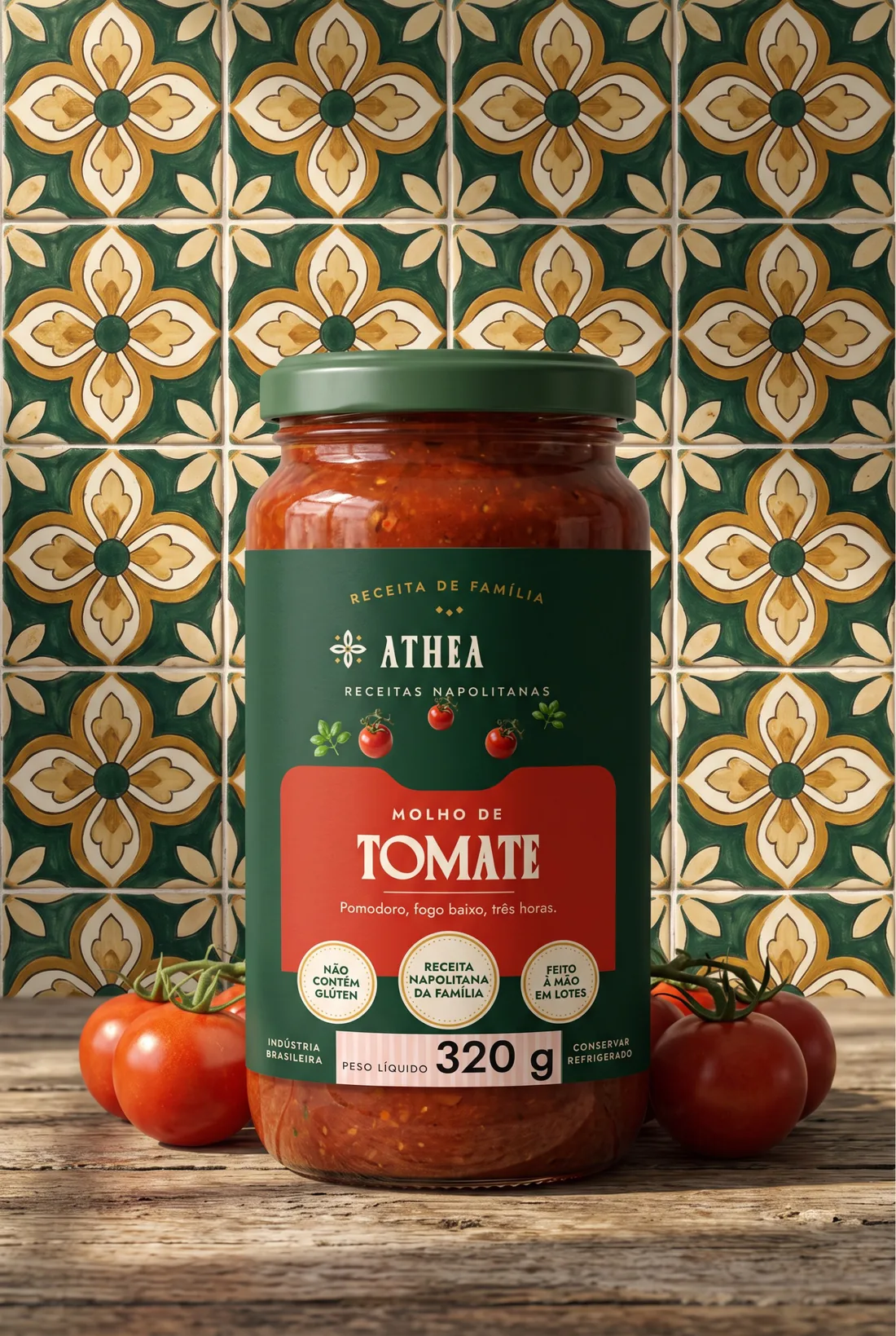 Pote ATHEA de tomate sobre azulejos