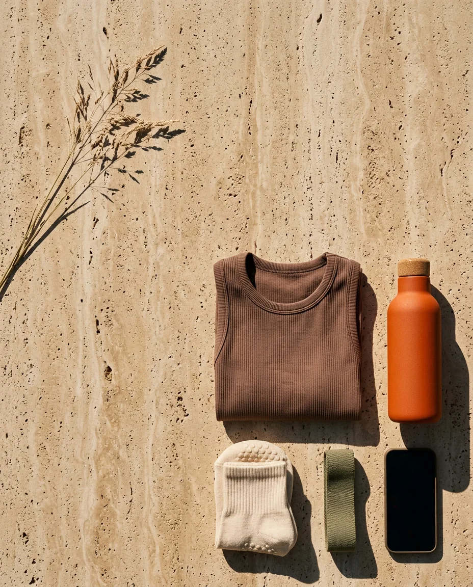 Flat lay de itens fitness sobre travertino